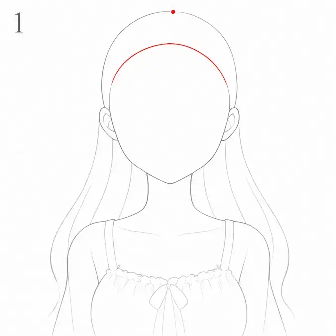 Paso 1 de Cabello ondulado: el trazo nuevo va en rojo.